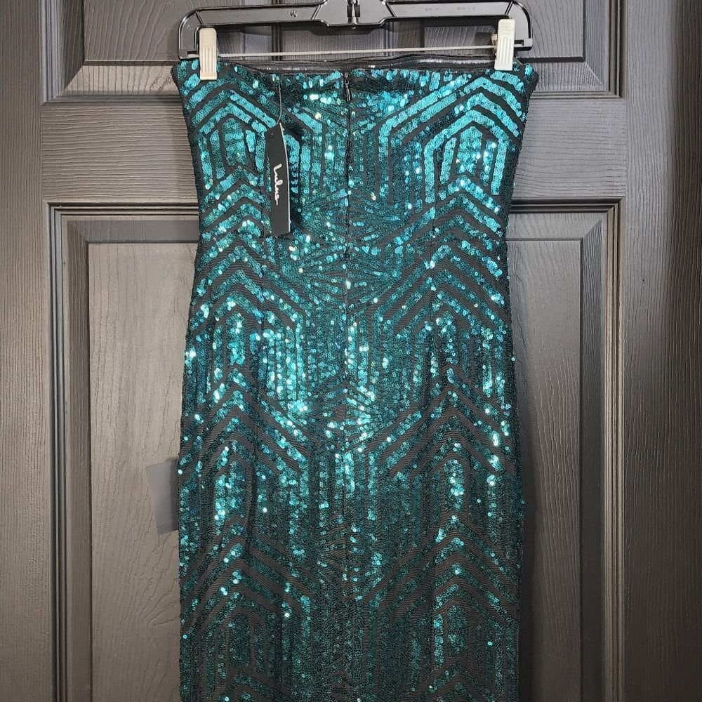 Lulus 'Dazzling Magic' Teal and Black Sequin Strapless Maxi Dress - Picture 11 of 16